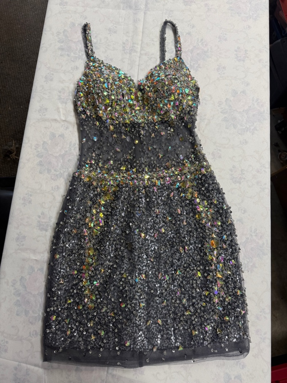 Rachel Allan Gunmetal Mini Dress with Iridescent Crystal Embellishments